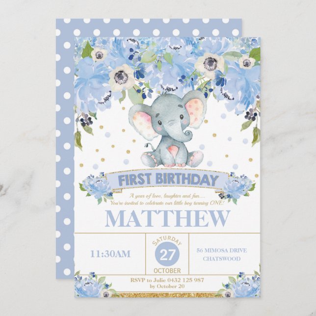 1.ª invitación de cumpleaños niño azul dulce elefa (Anverso / Reverso)