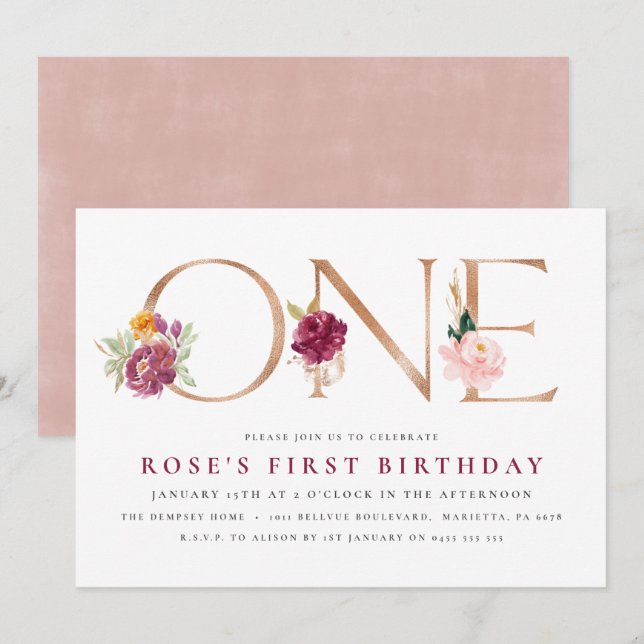1.ª invitación de cumpleaños | Rosa floral Gold (Anverso / Reverso)