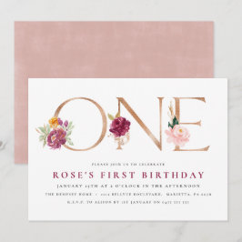 1.ª invitación de cumpleaños | Rosa floral Gold