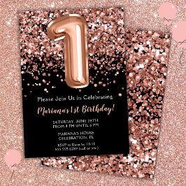 1.ª invitación de cumpleaños Rosa negro Purpurina