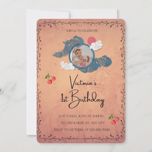 1.ª invitación de cumpleaños | Tema del cerezo Fie (Anverso)