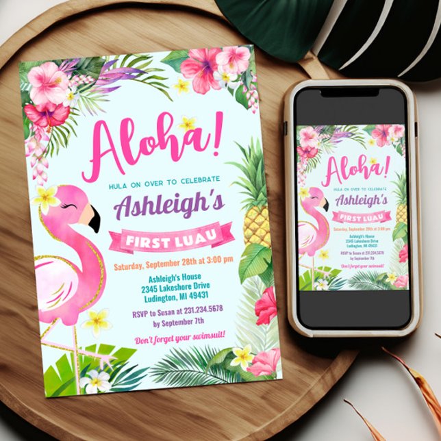 1.ª invitación de verano tropical para el cumpleañ (1st Luau Birthday Invitation Template - Luau First Birthday - Tropical Birthday Theme)