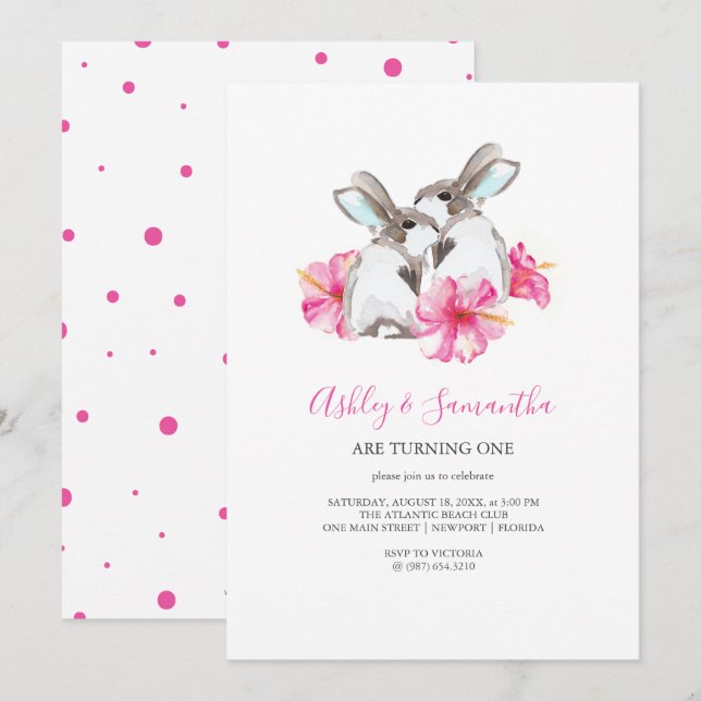 1.ª invitaciones de cumpleaños gemelos Chica Pink  (Anverso / Reverso)