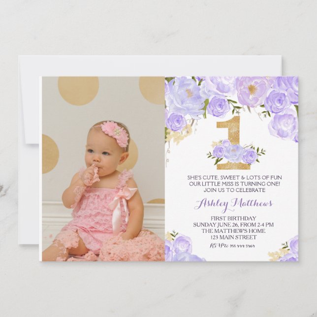 1.ª lavanda de cumpleaños Primera invitación flora (Anverso)
