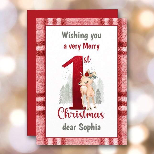 1.ª Navidad Bebé Chica Cute Deer Plaid (1st Christmas Baby Girl Cute Deer Plaid Holiday Card)