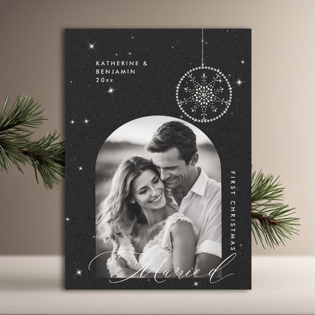 1.ª Navidad casada con copos de nieve Boho Black P (christmas card first married couple black glitter sparkle boho arch modern minimalist snowflake)
