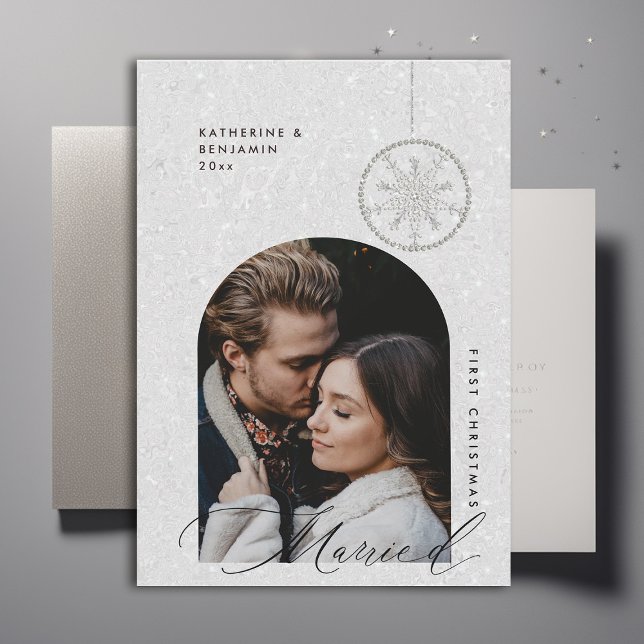 1.ª Navidad casada con copos de nieve Boho Foto mo (christmas card first married couple black white glitter boho arch modern minimalist snowflakes)