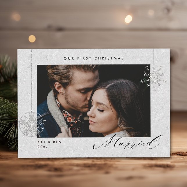 1.ª Navidad casada con espárragos blancos foto mod (christmas card first married couple glitter sparkle modern minimalist snowflake white winter)