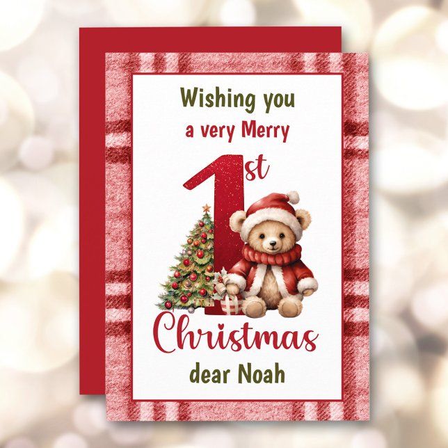 1.ª Navidad Teddy Bear Papel de árbol de Navidad (1st Christmas Teddy Bear Christmas Tree Plaid Holiday Card)