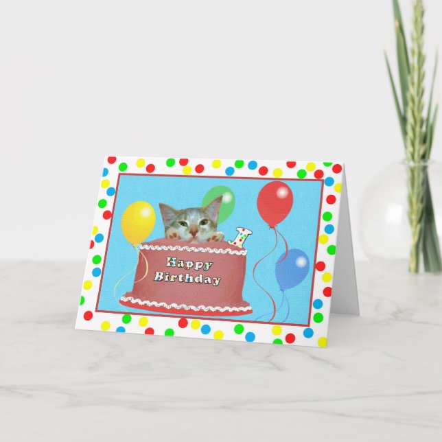 1.ª tarjeta de cumpleaños con gato en una torta (Anverso)