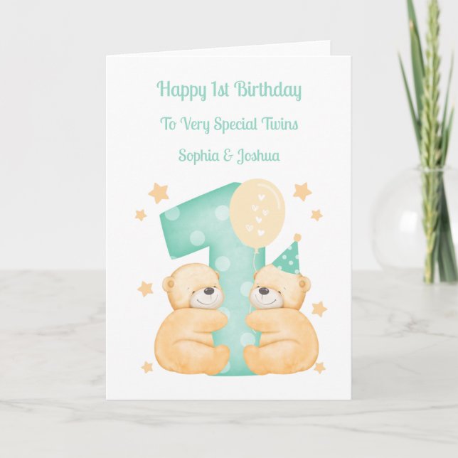 1.ª tarjeta de cumpleaños de Polka Dot Teddies Twi (Anverso)