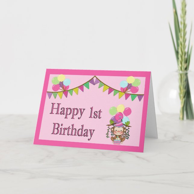 1.ª Tarjeta de Cumpleaños - Mono, Pennantes y Glob (Anverso)