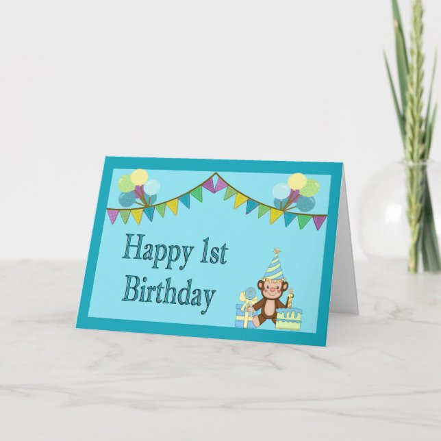 1.ª Tarjeta de Cumpleaños - Mono, Pennantes y Glob (Anverso)