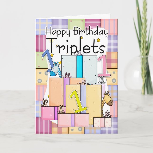 1.ª Tarjeta De Cumpleaños Para Trillizos Con Regal (Anverso)