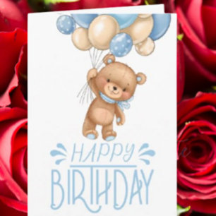 1.ª tarjeta de niño con globo azul de peluche de c