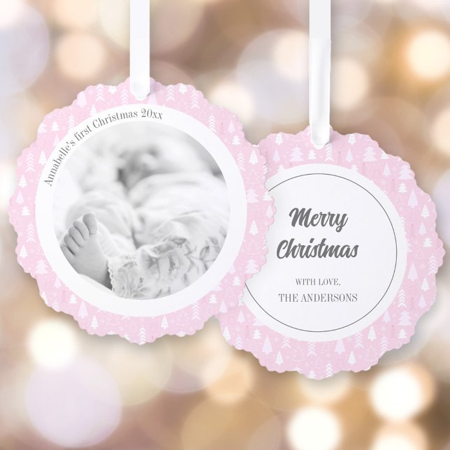 1.ª tarjeta de ornamento de papel de foto rosado p (1st Christmas Girl Pink Photo Paper Ornament Card)