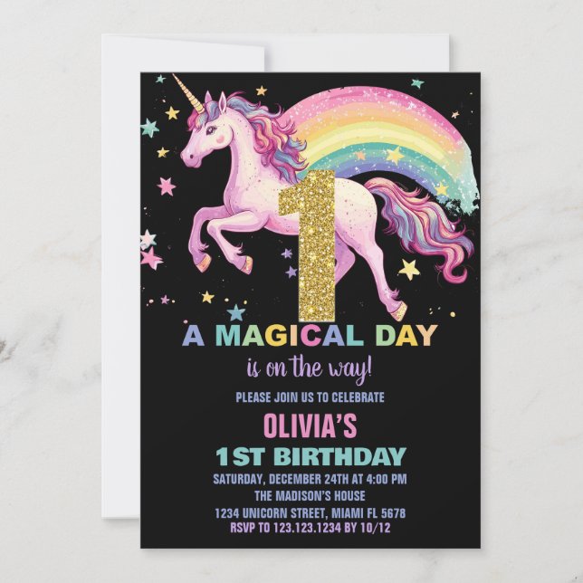 1.ª unicornio invitaciones de cumpleaños negro (Anverso)