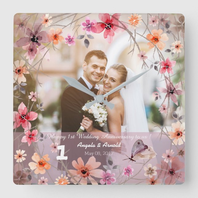 1.ᵉʳ Aniversario Boda Reloj de flores decorativas (Anverso)