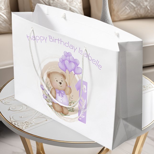 1.ᵉʳ Chica de cumpleaños Bolsa de regalo con nombr (Cute Personalized Name 1st Birthday Girl Purple Gift Bag)