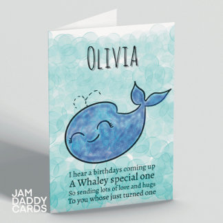 1.ᵉʳ cumpleaños Cute Whale Tarjeta personalizable