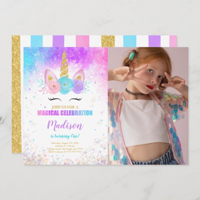 1.ᵉʳ cumpleaños Fiesta de unicornio - Invitación a (Anverso / Reverso)