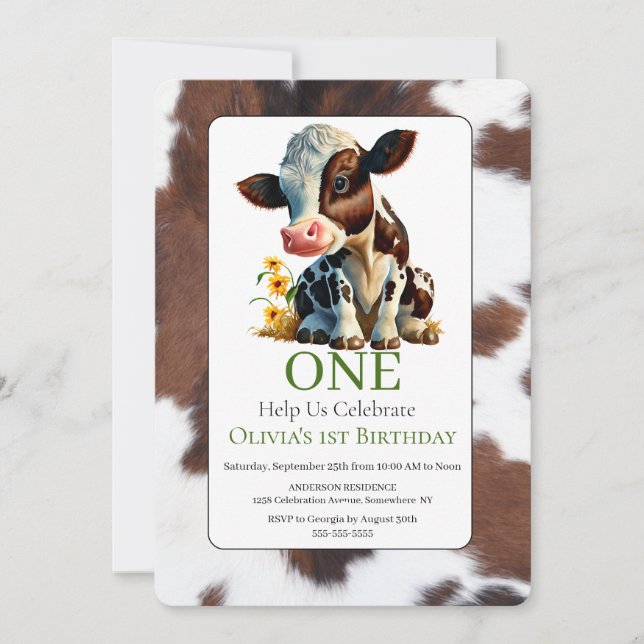 1.ᵉʳ cumpleaños Invitación a una vaca bebé (Anverso)