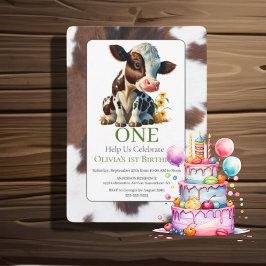 1.ᵉʳ cumpleaños Invitación a una vaca bebé