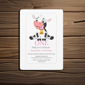 1.ᵉʳ cumpleaños Invitación de la vaca blanca rosad