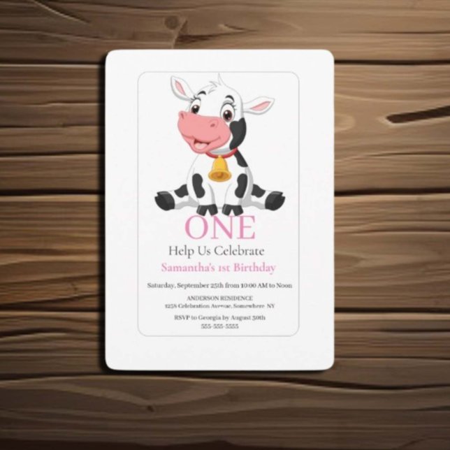 1.ᵉʳ cumpleaños Invitación de la vaca blanca rosad (Subido por el creador)