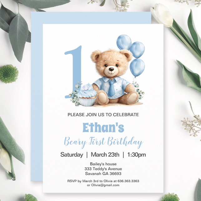 1.ᵉʳ Cumpleaños Invitación de Oso de Teddy Azul Mo (1st Birthday Modern Blue Teddy Bear Invitation)