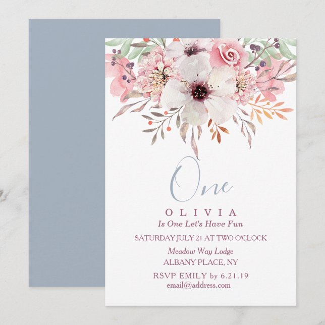 1.ᵉʳ cumpleaños Invitación floral de acuarela rosa (Anverso / Reverso)