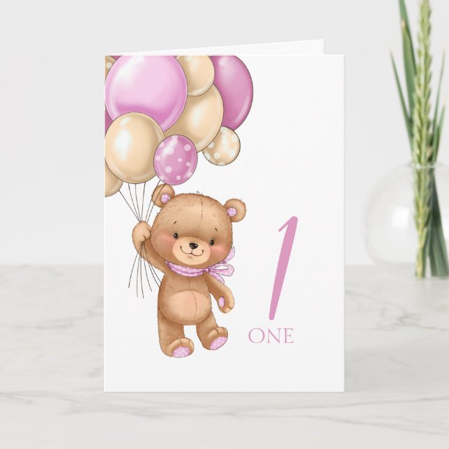 1.ᵉʳ cumpleaños lindo globos rosados chica tarjeta (Anverso)