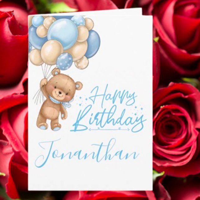 1.ᵉʳ cumpleaños lindo teddy globo tarjeta de niño (Celebrate a baby boy’s first birthday with this adorable teddy balloon card.)