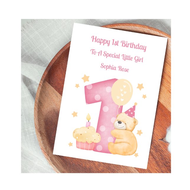 1.ᵉʳ cumpleaños Polka Dot Teddy Tarjeta Chica de c (Subido por el creador)