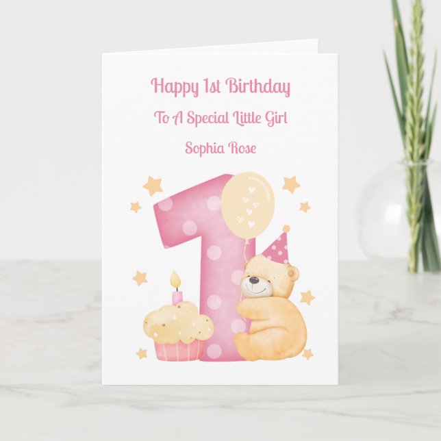 1.ᵉʳ cumpleaños Polka Dot Teddy Tarjeta Chica de c (Anverso)