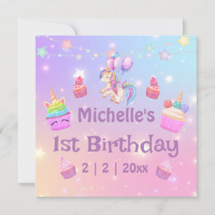 1.ᵉʳ cumpleaños unicornios cupcakes girly tarjeta