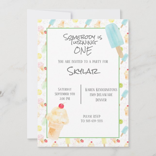 1.ᵉʳ Fiesta de cumpleaños Ice Cream Invitación (Anverso)