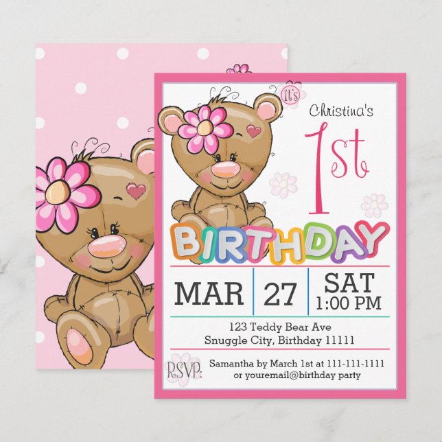 1.ᵉʳ Fiesta de cumpleaños Teddy Bear Invitación (Anverso / Reverso)