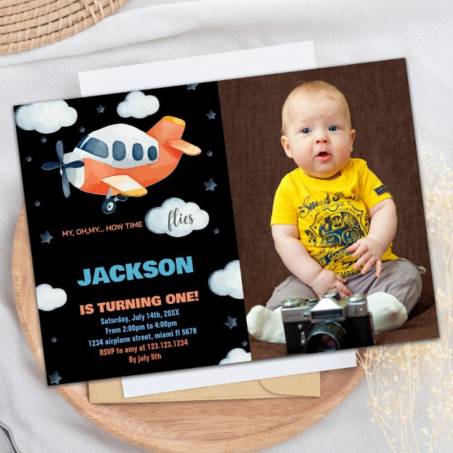 1.ᵉʳ Naranja de invitaciones de cumpleaños a avión (1st Airplane Birthday Invitations Orange w photo)