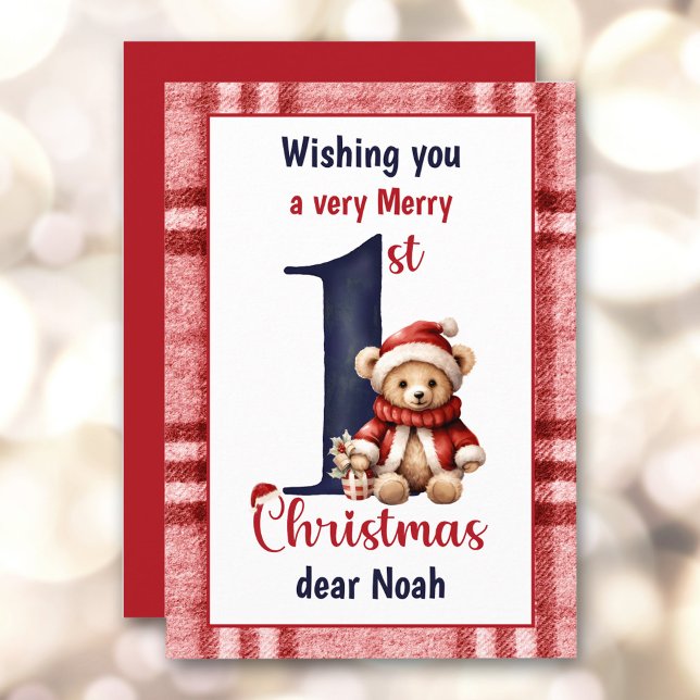1.ᵉʳ Navidad Cute Teddy Bear Niño Rojo Azul (1st Christmas Cute Teddy Bear Baby Boy Red Blue Holiday Card)