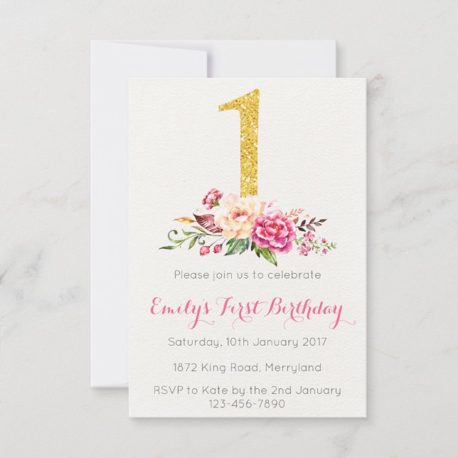 1.ᵉʳ Primer cumpleaños de la invitación floral de  (Anverso)