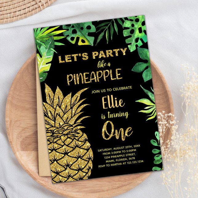 1.ᵉʳ Purpurina de oro negro invitaciones a la piña (1st Black Golden Glitter Pineapple Invitations)