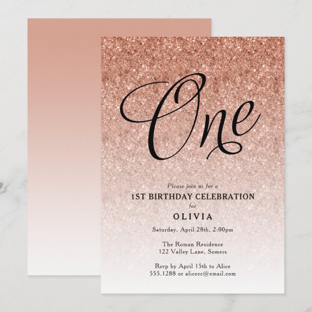 1.ᵉʳ Rosa de cumpleaños Oro Purpurina Invitación (Anverso / Reverso)