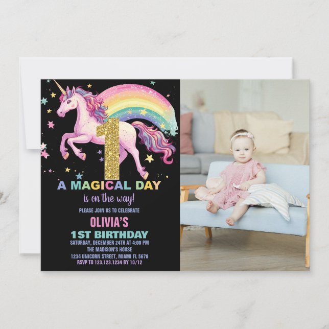 1.ᵉʳ unicornio Invitaciones de cumpleaños foto en  (Anverso)