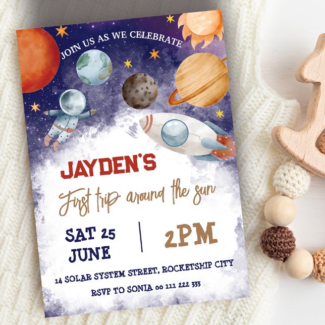 1.ᵉʳ Viaje En Torno A La Invitación De Cumpleaños  (1st Trip Around the Sun Space Birthday Invitation)