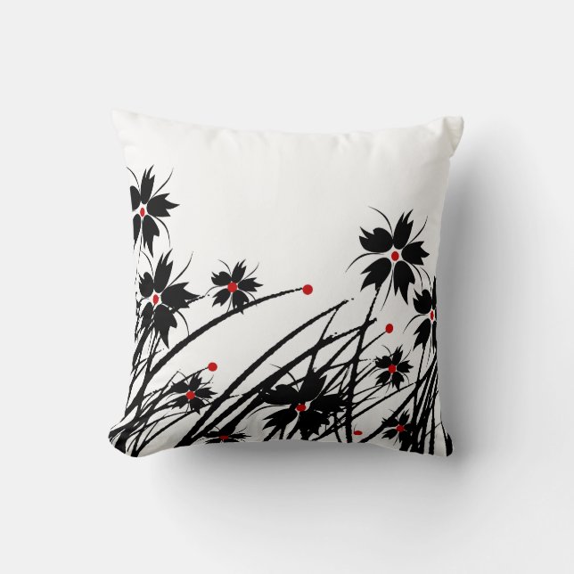 1 Almohada Cuadrada Floral Rojo Negro Blanco (Anverso)