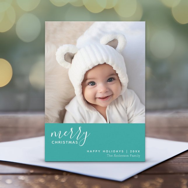 1 Collage de fotos Mínima Feliz Navidad - azul (Whimsical Christmas Card with 1 Photo - Print and Download Options Available)