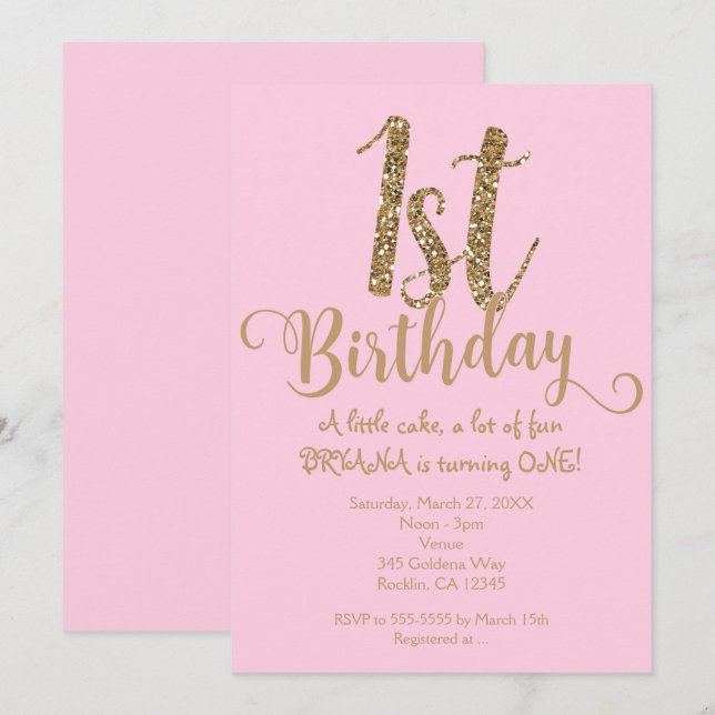 1 CUMPLEAÑOS 1 Invitación de Fiesta Rosa y Oro (Anverso / Reverso)