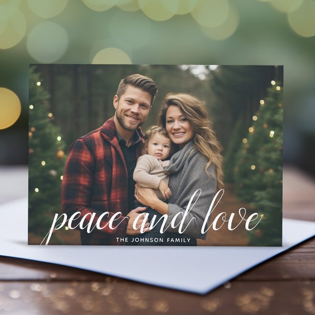1 Foto Script Navidad Blanco Damask Paz (Modern script type over a Christmas Photo --- You can download this card and post it to social media)