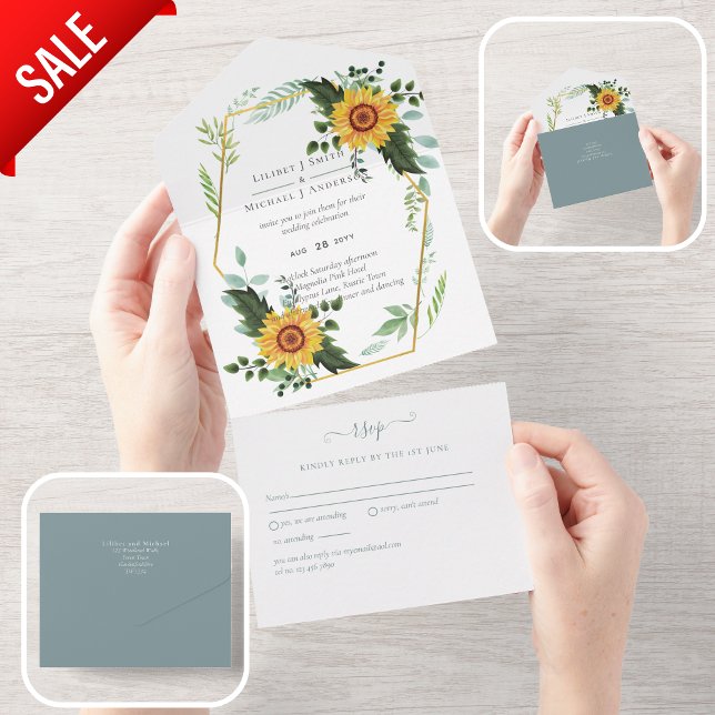 1 in3 Sunflowers Green Wedding RSVP Invitaciones (Subido por el creador)